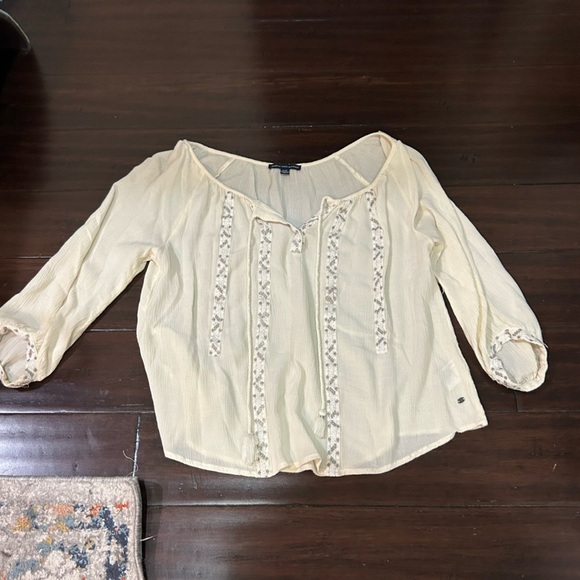 American Eagle Outfitters Tops - American Eagle Cream Long Puff Sleeve Blouse with Lace & Bead Detail M